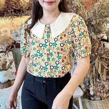 ZANZEA Womens Casual Splice Round Neck Summer Short Sleeve Print Blouse S хаки