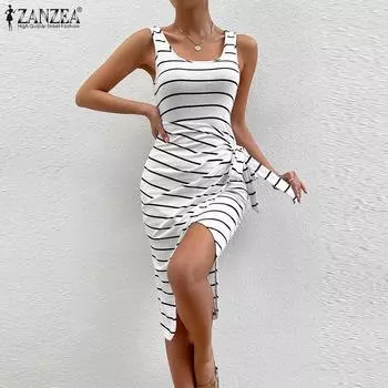 ZANZEA Womens Casual Square Collar Sleeveless Asymmetrical Lace Up Stripe Dress 3XL белый
