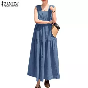 ZANZEA Женское повседневное летнее длинное платье без рукавов с квадратным воротником 3XL чёрный