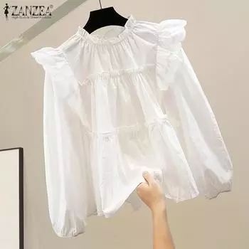 ZANZEA Женская повседневная блузка с воротником-стойкой и длинными рукавами, однотонная кружевная блузка XL зелёный