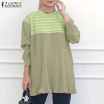 ZANZEA Womens Casual Stripe Patchwork Loose Long Sleeve Blouse S хаки