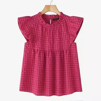 ZANZEA Womens Casual Summer Cap Sleeve Grid Print Blouse S красный