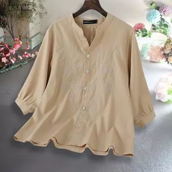 ZANZEA Женские повседневные свободные блузки с V-образным вырезом и рукавами 3/4 с принтом XL