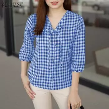 ZANZEA Womens Casual V-Neck 3/4 Sleeve Loose Plaid Print Blouse S чёрный