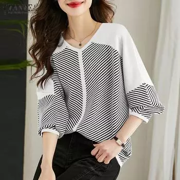 Женская повседневная футболка ZANZEA с V-образным вырезом и длинными рукавами в полоску S белый