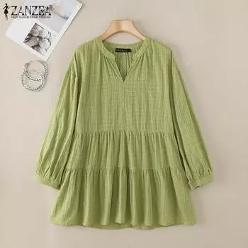 ZANZEA Женская повседневная блузка с V-образным вырезом и длинными рукавами S зелёный