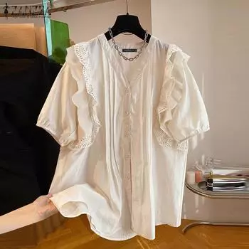 ZANZEA Womens Casual V-Neck Ruffle Lace Short Sleeve Shirt