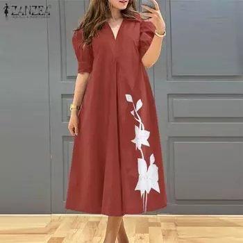 ZANZEA Womens Casual V-Neck Short Sleeve Summer Print Dress S чёрный