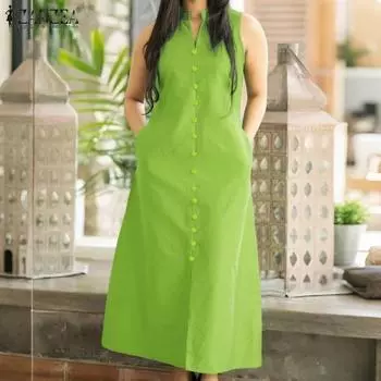 ZANZEA Womens Casual V-Neck Summer Sleeveless Long Dress XL зелёный