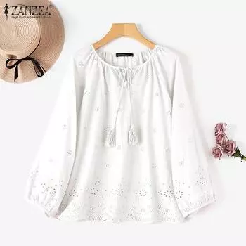 ZANZEA Womens Cotton Round Neck 3/4 Sleeve Tie Printed A-Line Blouse