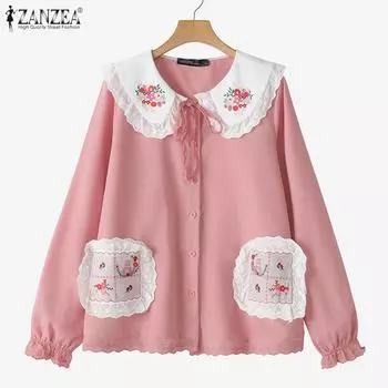 ZANZEA Womens Doll Collar Casual Long Sleeve Patchwork Blouse S белый
