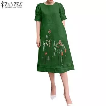 ZANZEA Womens Embroidery Print Casual O-neck Short Sleeve Dress S зелёный