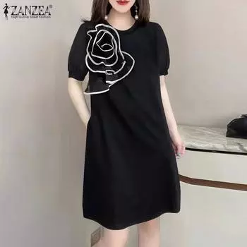 ZANZEA Womens Fashion Round Neck Lantern Short Sleeve Floral A-Line Dress
