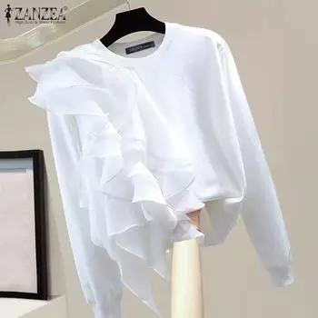 ZANZEA Женская модная футболка с круглым вырезом и оборками, многослойная, с длинным рукавом 4XL белый