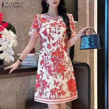 ZANZEA Женское модное платье с круглым вырезом и коротким рукавом с цветочным принтом XL зелёный