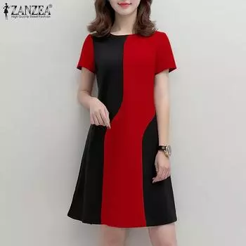 ZANZEA Женское модное платье с круглым вырезом и коротким рукавом в стиле пэчворк на талии 5XL оранжевый