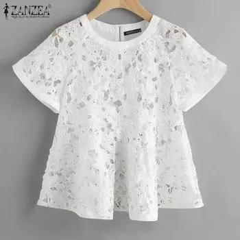 ZANZEA Женская мода круглый вырез короткий рукав кружева ажурные блузки А-силуэта S