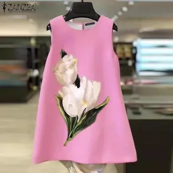 ZANZEA Женские модные платья с круглым вырезом без рукавов и цветочным принтом 4XL жёлтый