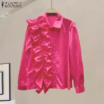 ZANZEA Womens Fashion Solid Color Long Sleeve Ruffle Shirt