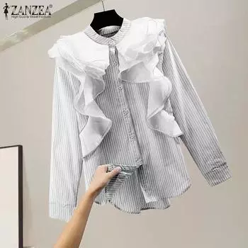 ZANZEA Womens Fashion Stand Collar Long Sleeve Striped Ruffle Shirt