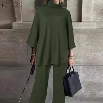 ZANZEA Женские топы с высоким воротом и рукавами 3/4, однотонные комплекты из брюк S чёрный