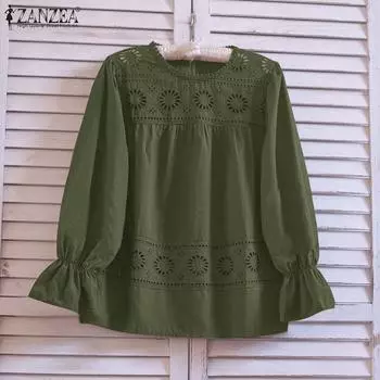 ZANZEA Womens Hollow Lace Crochet Round Neck Long Sleeve Blouse S розовый