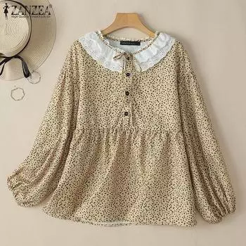 ZANZEA Womens Lace Splice Round Neck Long Sleeve Print Blouse S бежевый