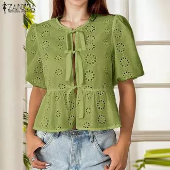 ZANZEA Womens Lace Up Round Neck Casual Lace Crochet Patchwork Short Sleeve Blouse S белый