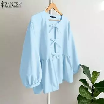 ZANZEA Женская повседневная блузка с круглым вырезом и длинными рукавами на шнуровке M красный