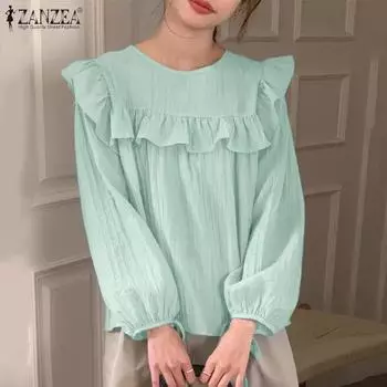 ZANZEA Womens Long Sleeve Casual Ruffles Patchwork Blouse S белый