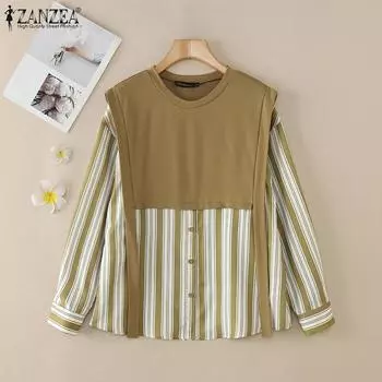 ZANZEA Womens Long Sleeve Casual Stripe Patchwork Blouse S чёрный
