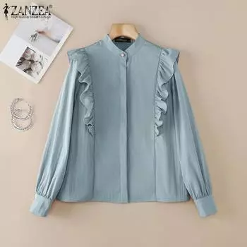 ZANZEA Womens Long Sleeve Ruffles Splice Casual Blouse S розовый