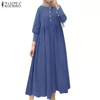 ZANZEA Womens Loose Round Neck Long Sleeve Casual Long Dress L светло-синий