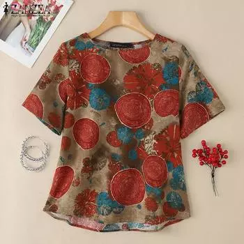 ZANZEA Womens Print Casual Round Neck Loose Half Sleeve Blouse S красный