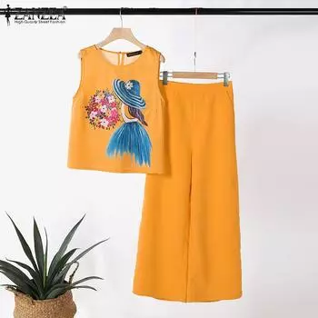 ZANZEA Женские топы и брюки с принтом, повседневные комплекты из двух частей S чёрный