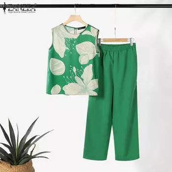 ZANZEA Женские топы и брюки с принтом, повседневные комплекты из двух предметов 3XL зелёный