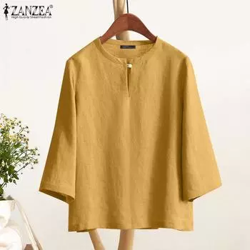 ZANZEA Womens Round Neck 3/4 Sleeve Solid Color Loose Cotton Blouse S светло-зеленый