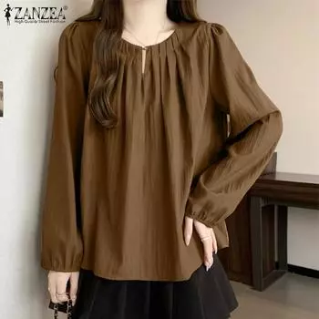 ZANZEA Womens Round Neck Casual Long Sleeve Blouse 5XL бежевый