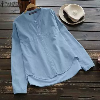 ZANZEA Женская повседневная блузка с круглым вырезом и длинным рукавом S темно-синий