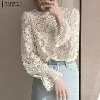 ZANZEA Womens Round Neck Long Sleeve Casual Floral Lace Blouse S хаки