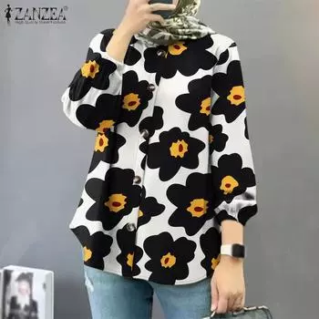 ZANZEA Womens Round Neck Long Sleeve Casual Floral Print Blouse S чёрный