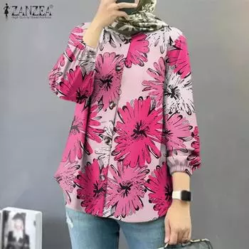 ZANZEA Womens Round Neck Long Sleeve Floral Print Casual Blouse S красный