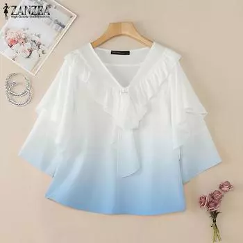 ZANZEA Womens Ruffles V-Neck 3/4 Sleeve Loose Print Blouse S