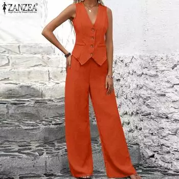 ZANZEA Женский жилет без рукавов и брюки Летний комплект из двух частей 4XL бежевый