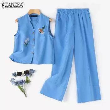 ZANZEA Женский повседневный комплект из двух предметов без рукавов с жилетом и брюками 5XL бежевый