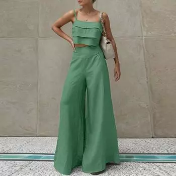 ZANZEA Womens Slip Camisoles and Wide Leg Pants Summer Two Piece Suit Sets S