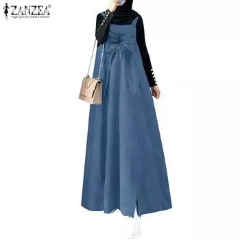 ZANZEA Womens Square Collar Loose Casual Sleeveless Long Dress S светло-синий