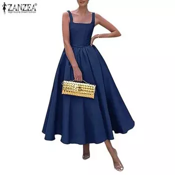 ZANZEA Женское летнее длинное платье А-силуэта с квадратным вырезом без рукавов S чёрный