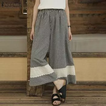 ZANZEA Womens Summer Casual Elastic Waist Loose Plaid Pants 2XL чёрный