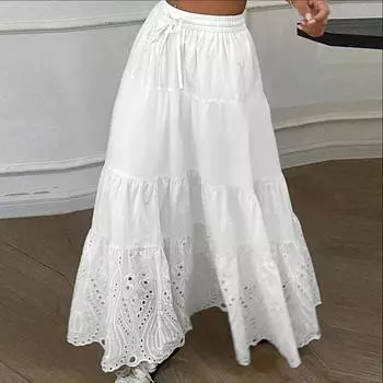 ZANZEA Womens Summer Casual Embroidery Crochet Loose Long Skirts S белый